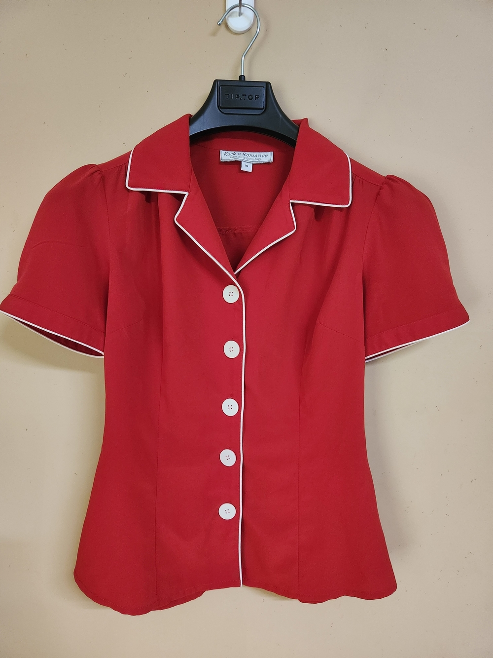 Red Short-Sleeve Blouse with White Piping